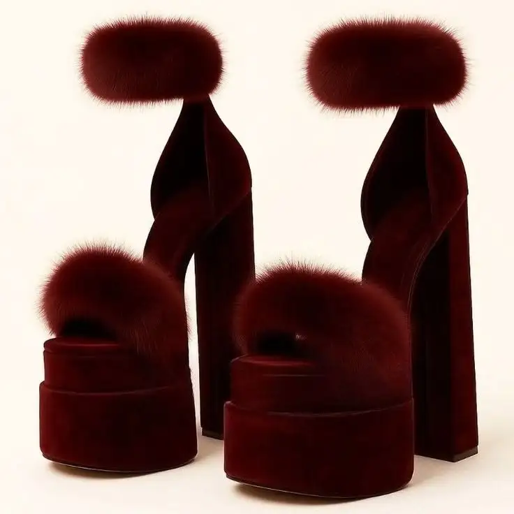 Burgundy Faux Fur Open Toe Sandals Women Double Platform Chunky Block Heel Furry Ankle Cuff Party Club Statement Heels Shoes