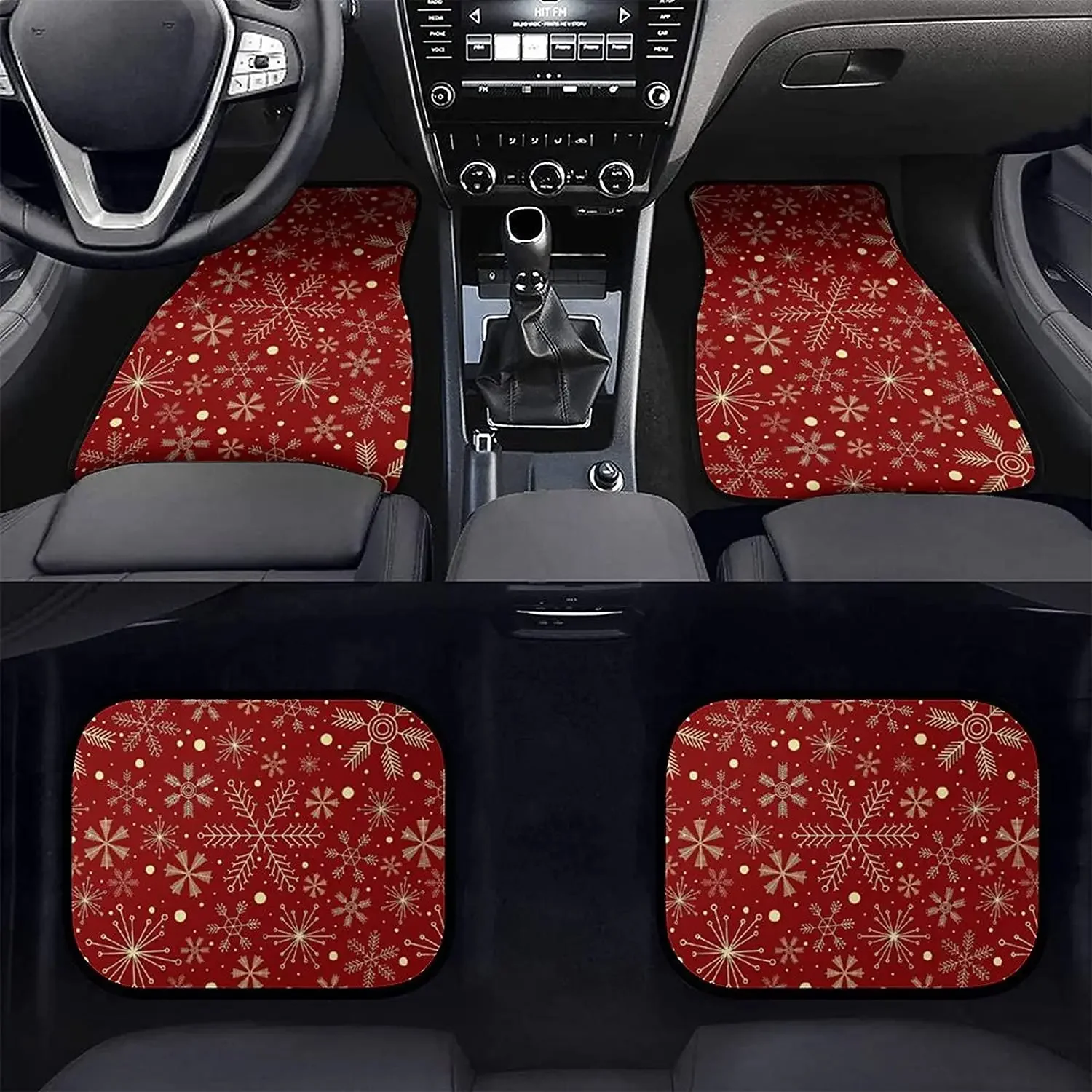 Christmas Snowflakes On Dark Red Car Floor Mats Front & Rear Liners Set, Universal Fit Auto Carpet Floor Mats Set of 4