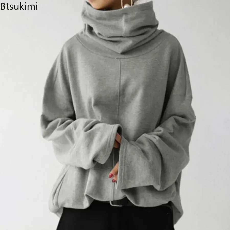 

New 2024 Women's Casual Sweatshirt Solid Turtleneck Long Sleeve Pockets Loose Hoodies Female Autumn Winter Trendy Ladies Clothes