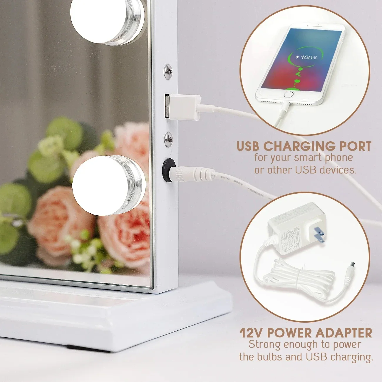 Large Makeup Mirror 18 LED Bulbs Vanity Mirror with Protective Power Outlet USB Charging Port 3 Color Lighting Modes