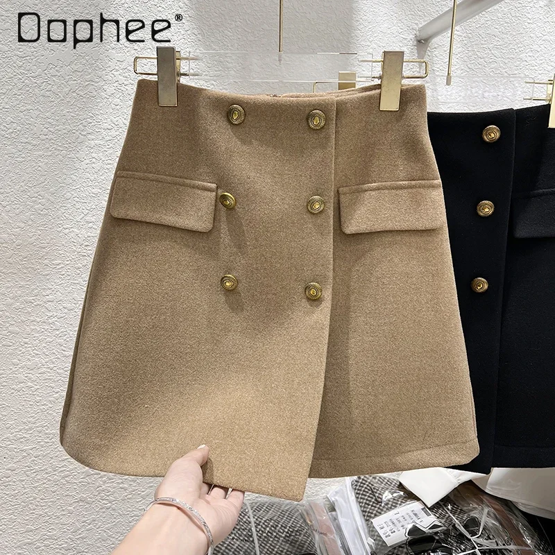 Double Breast Wool Short Skirt Thick High Waist A Line Slim Skirt Women 2024 Winter Korean Fashion Office Ladies Elegant