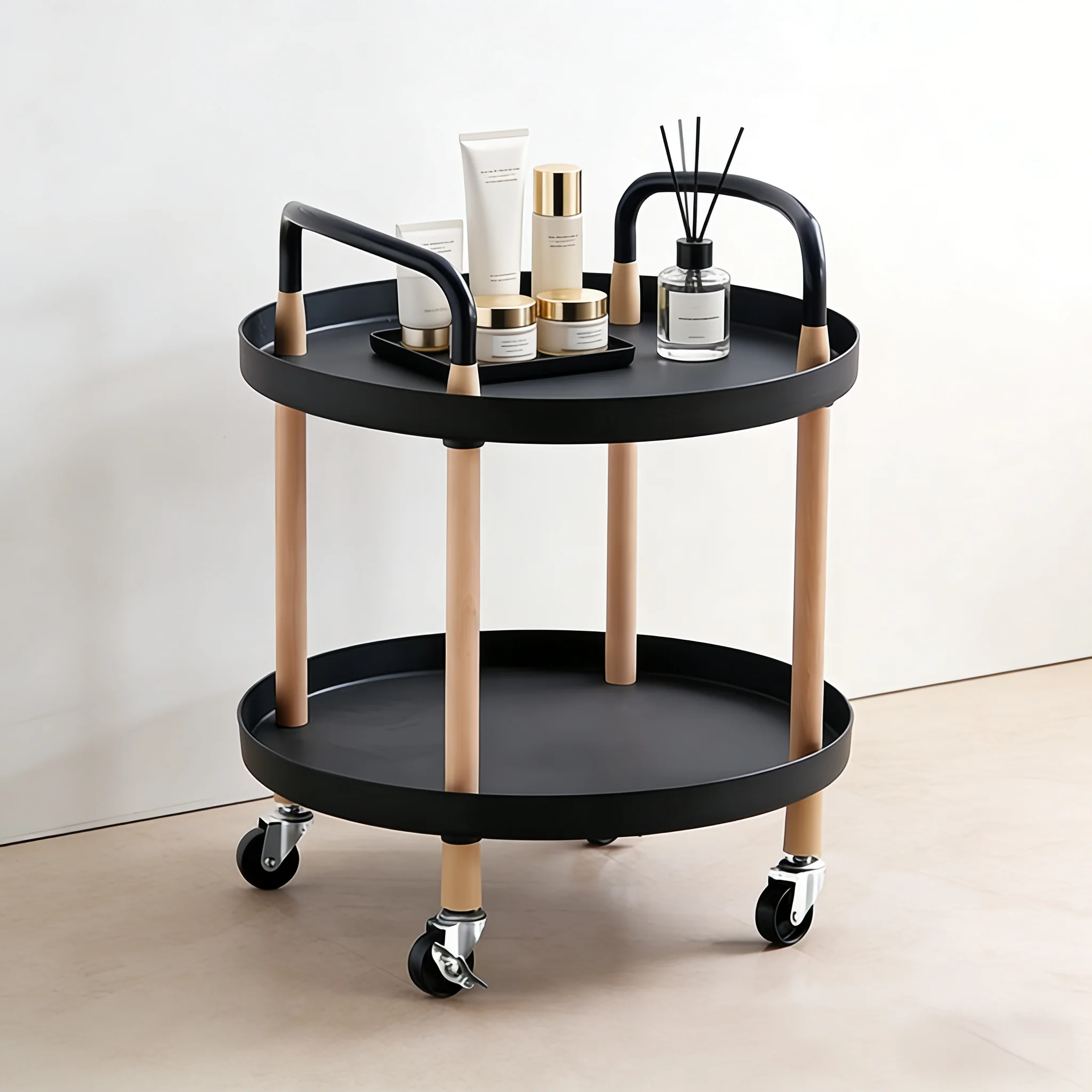 Durable Rolling Storage Cart Black Wooden Frame Trolley With Wheels For Hotel And Restaurant Use