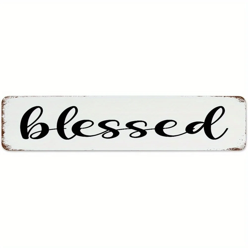 2D Flat, Blessed Metal Sign - Rustic Farmhouse Wall Decor with Elegant Black Cursive Script, Vintage Tin Poster for Home, Office