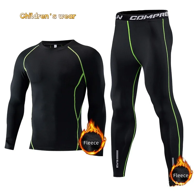 

Children Fitness Suit Compression Leggings Top Long Sleeve Sports Tights Running Basketball Base Layer Fleece Tracksuits Set