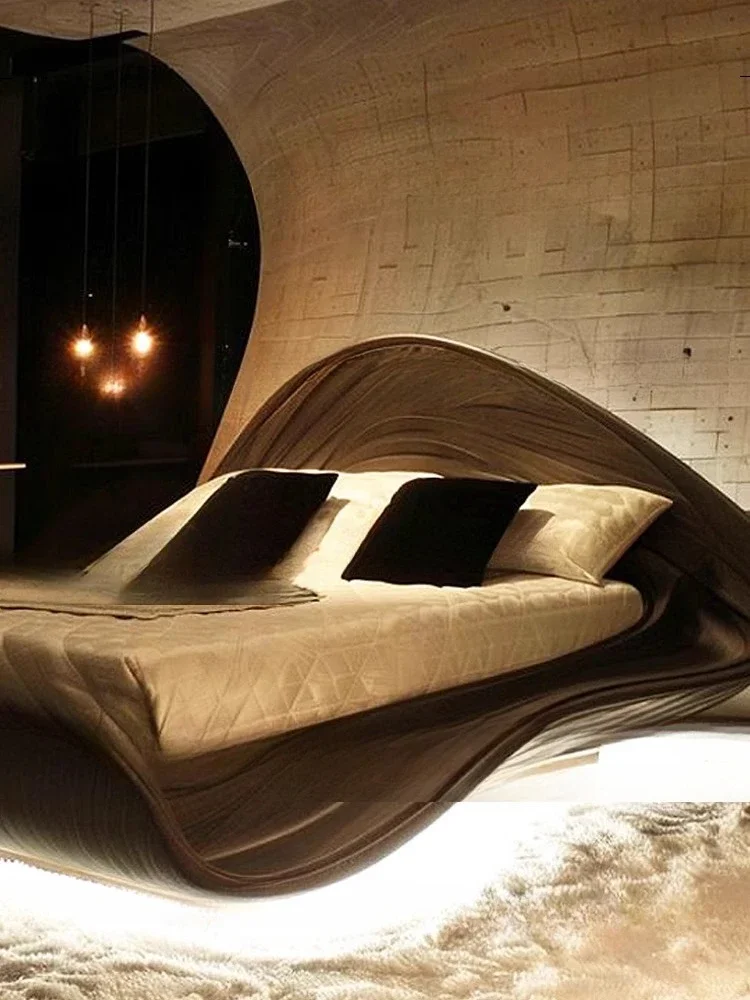 Medieval solid wood double bed, artistic exaggeration and technological b ed, curved lines 2 meters