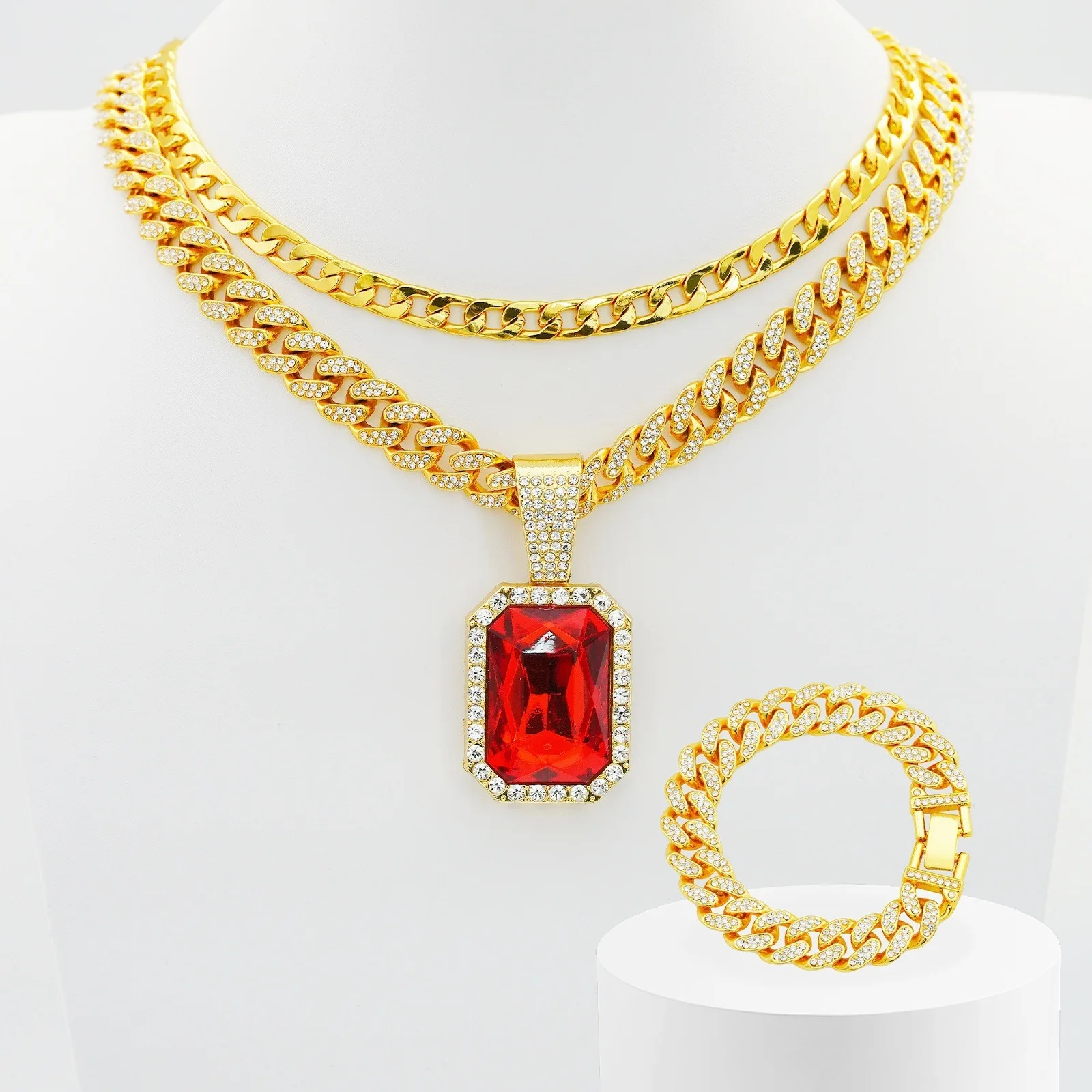Men's Square Red Ruby Necklace Pendant & Cuban Chain Bracelet Set