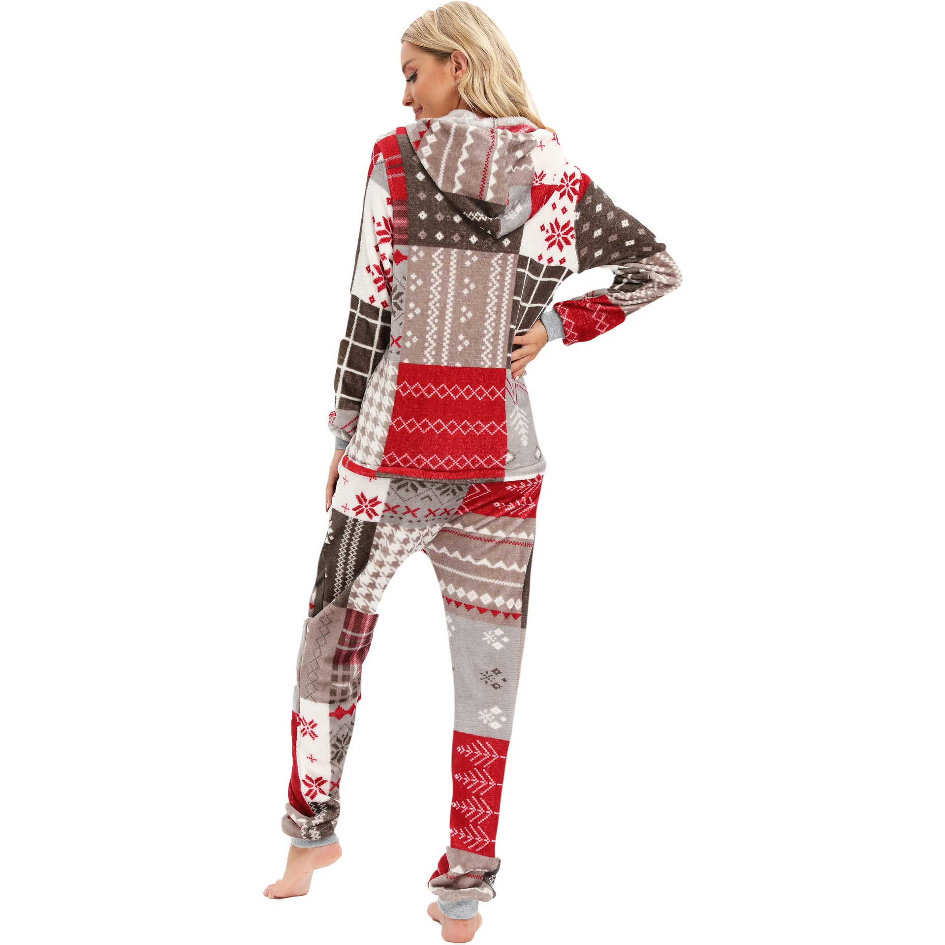 2022 Women Christmas Flannel Plaid Print Pajamas One-Piece Pijamas Adults Cosplay Costume Hooded Onesie