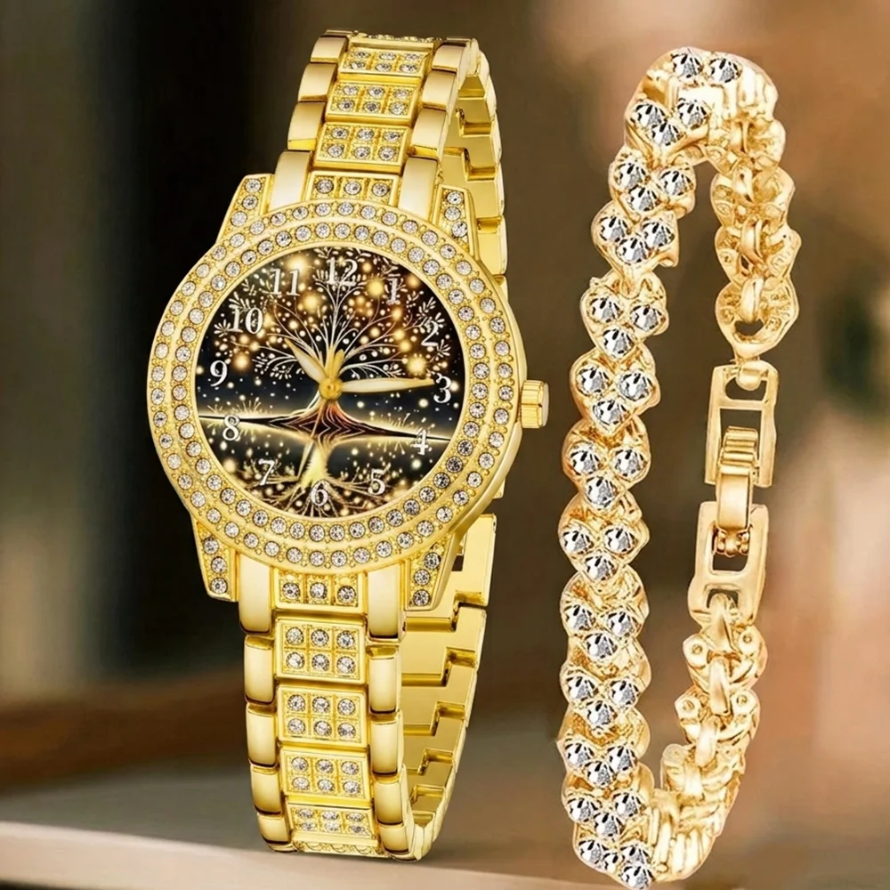 2Pcs/Set Unisex Jewelry Watches Women's Wristwatch Accessories Gold Fashion Business Elegant Classic Exquisite Vintage Light Luxury Rhinestone Luxury Bracelet Watch Set Y2K Suitable for Daily Outfits, Travel, Perfect Holiday Gift