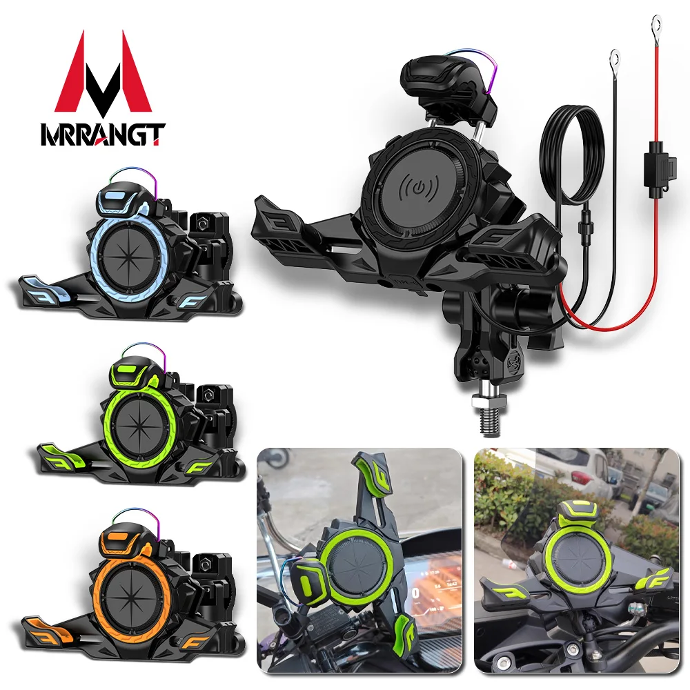 Motorcycle Phone Mount with Wireless Charging 4-Column Shock Absorption for E-bike Scooter Electric Vehicle Bicycle Skateboard