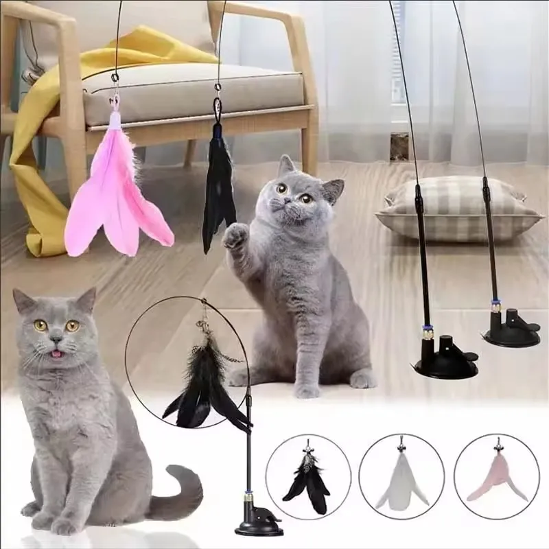 

Suction cup fixed cat funny stick with bell feather toy anti-bite long rod teasing cat artifact cat interactive self-hi toys