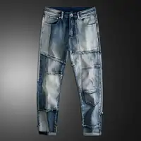 Ropa de calle, pantalones vaqueros de motocicleta, pantalones vaqueros de Hip Hop para hombres, pantalones vaqueros de Los Hombres, ropa de calle, pantalones vaqueros de mezclilla de retales azules, pantalones vaqueros ajustados para hombres para hombre