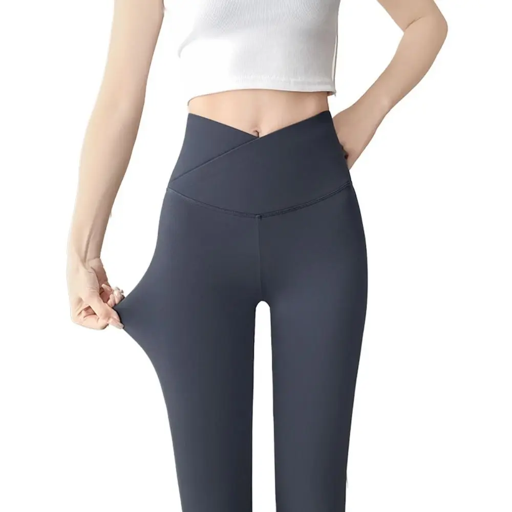 Cross Waist Design Women Leggings Thin Solid Color High Waist Leggings Abdominal Tightening Trousers Jogging Capri Pants Girl