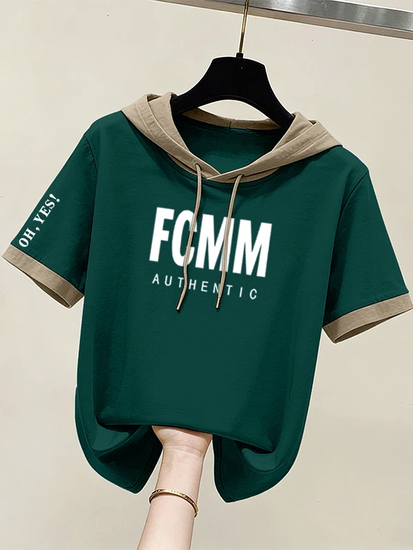 Summer 2026 Women's Loose Fit Cotton T-Shirt Short Sleeve Printed Patchwork Hoodie Breathable Comfortable Slimming Belly Cove...
