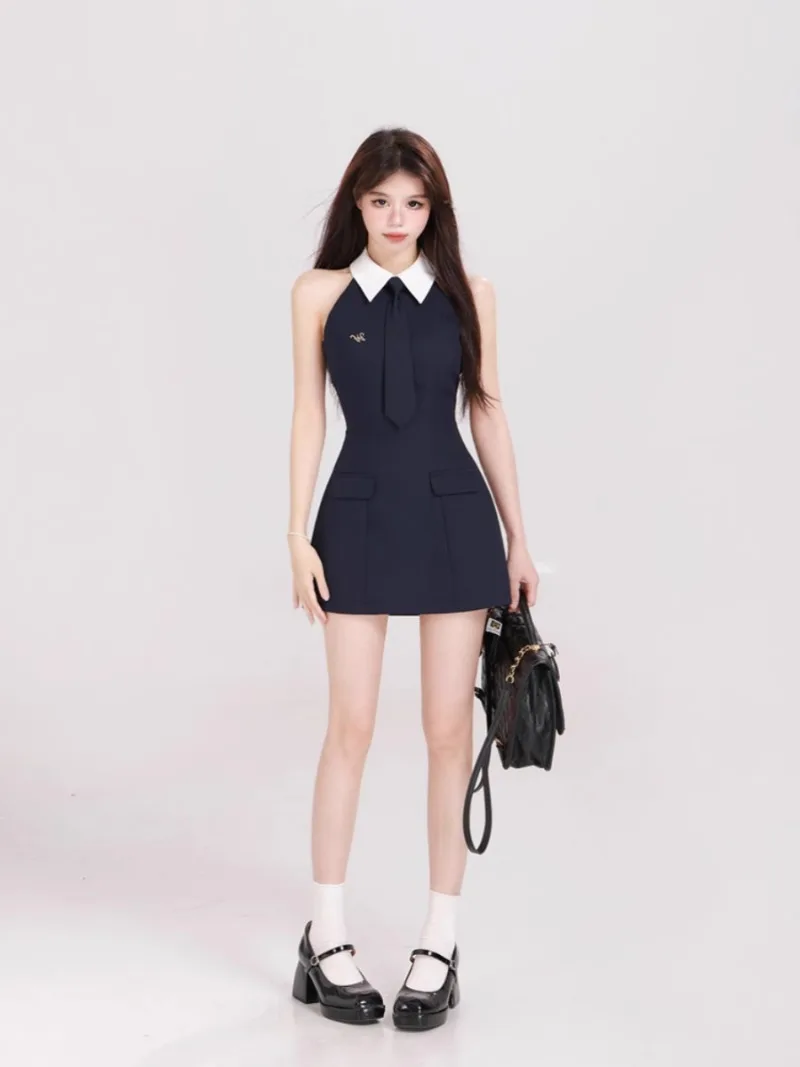 Korean Academy Polo Collar Dress Women Sleeveless Contrast Color Slim Fashion Spicy Sweet Summer Off Shoulder Temperament Wear