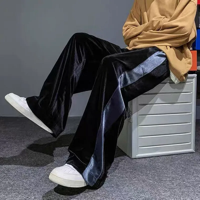 Korean Fashion Men's Velour Pants Autumn Streetwear Straight Wide Leg Velvet Trousers plus Size Cargo Style