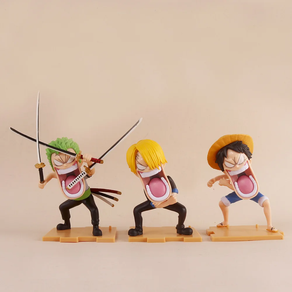 One Piece Figuras Anime, Engraçado Luffy, Zoro, Sanji Figurines, Modelo Boneca, Decoração do carro, Brinquedos infantis, Fãs Presentes, Novo, 3pcs por conjunto