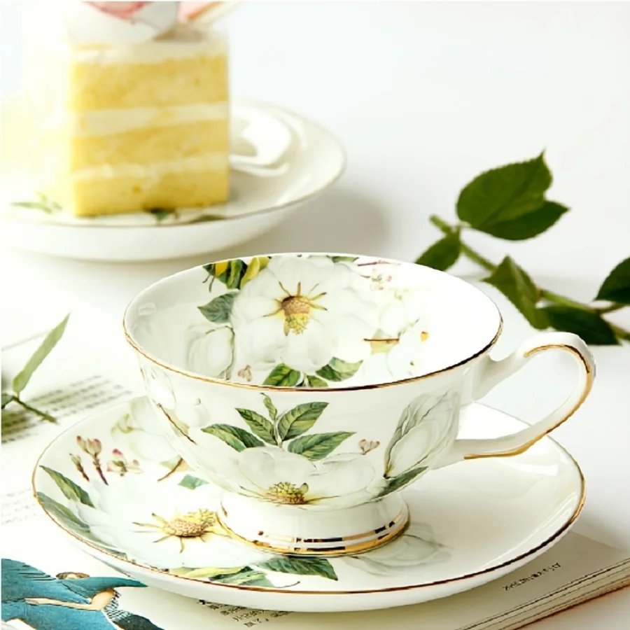 Elegant Camellia Ceramic Tea cup and Saucer Set - 5.7oz, Perfect for Tea Parties, Breakfast, and Everyday Elegance