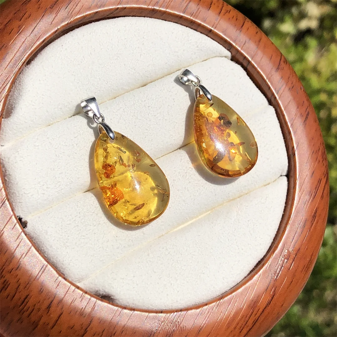 1 Pc Fengbaowu Natural Flower Amber Water Drop Pendant 925 Sterling Silver Reiki Healing Stone Jewelry Gift For Men Women