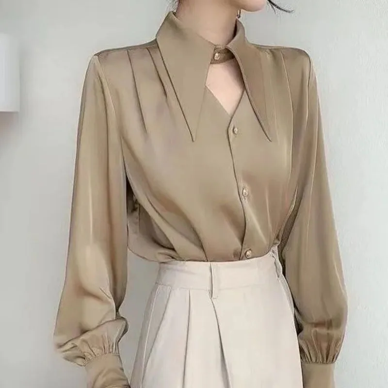 Satin Hollow Out Lapel Neck Shirt Spring Summer Women Casual Solid Single Breasted Shirts Lady Korean Wild Long Sleeves Blouses