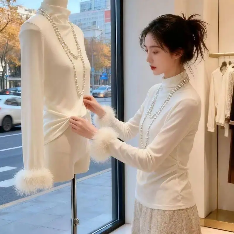 Korean Style Furry Cuffs Long-sleeve T-shirt 2026 New Women Spring Autumn Mock Neck Casual T-Shirt Blouse Female Base Shirt