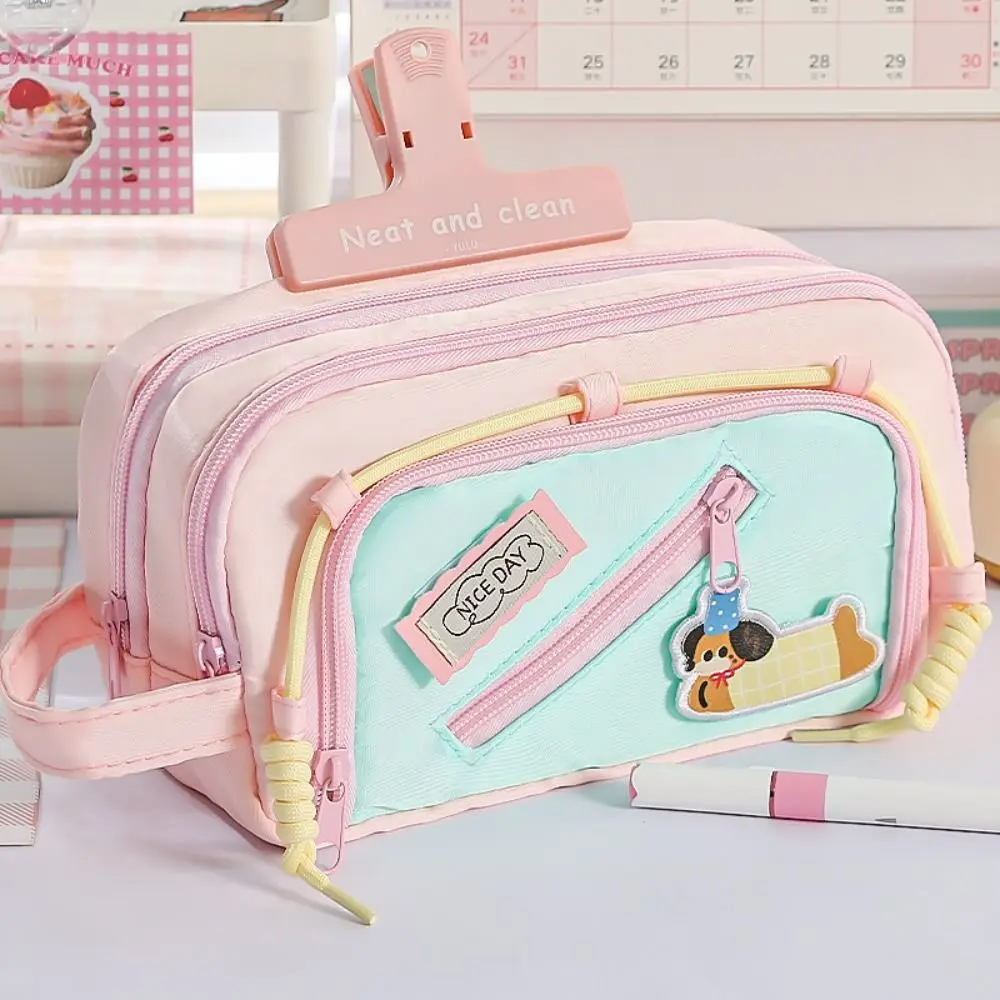 

Портативная сумка для ручек контрастных цветов, портативная сумка для канцелярских принадлежностей с изображением таксы, вместительный четырехслойный органайзер для канцелярии, подарок