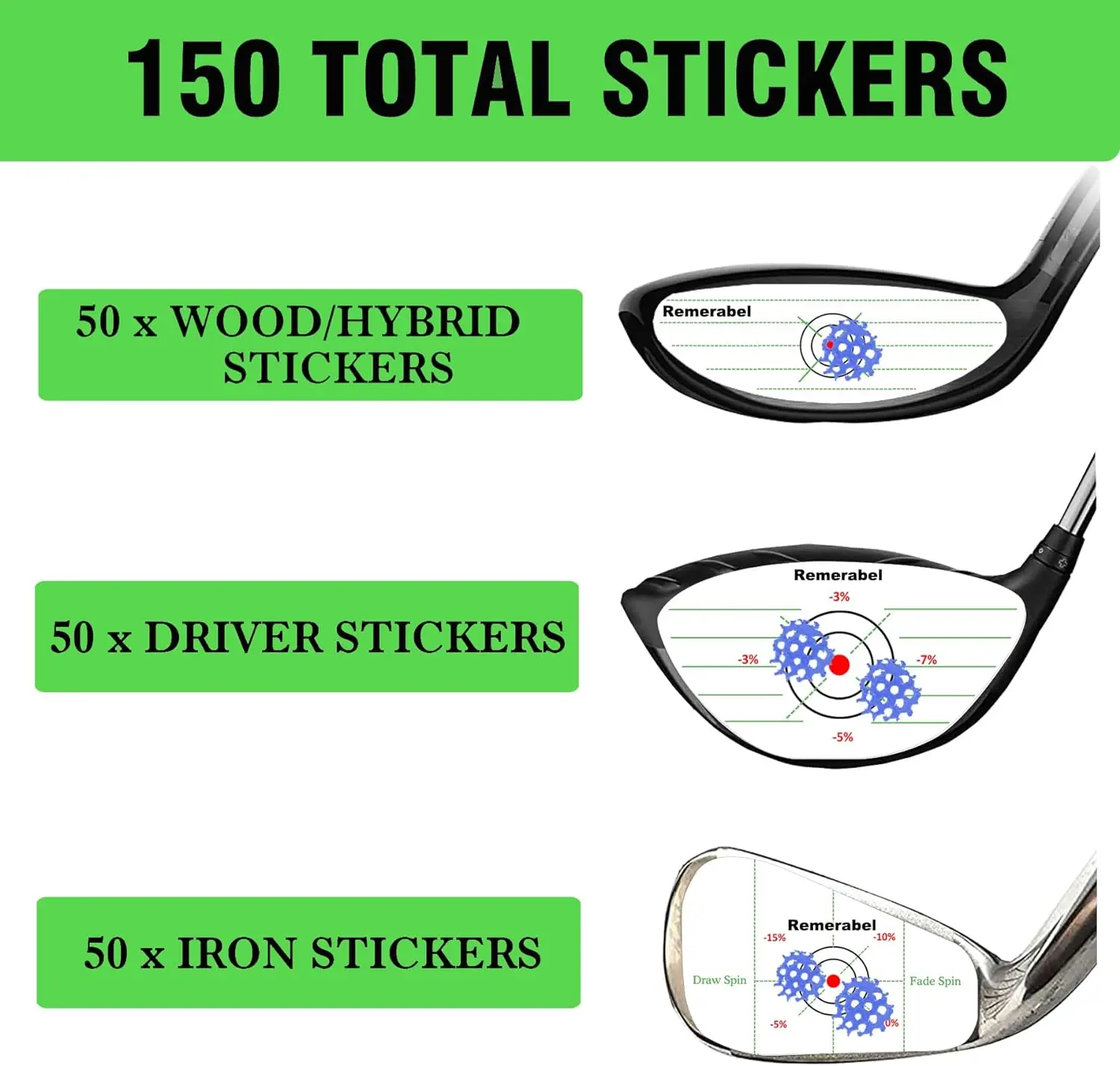 Golf Driver Blue Impact Tape Set Labels 150Pcs Self Teaching and Consistency Analysis Training Aids Target Stickers