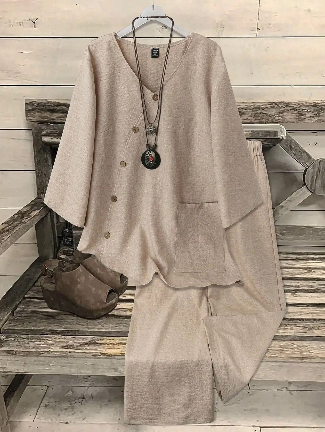 Women's V-Neck Button-Front 3/4 Sleeve Top & Straight Leg Pants Set