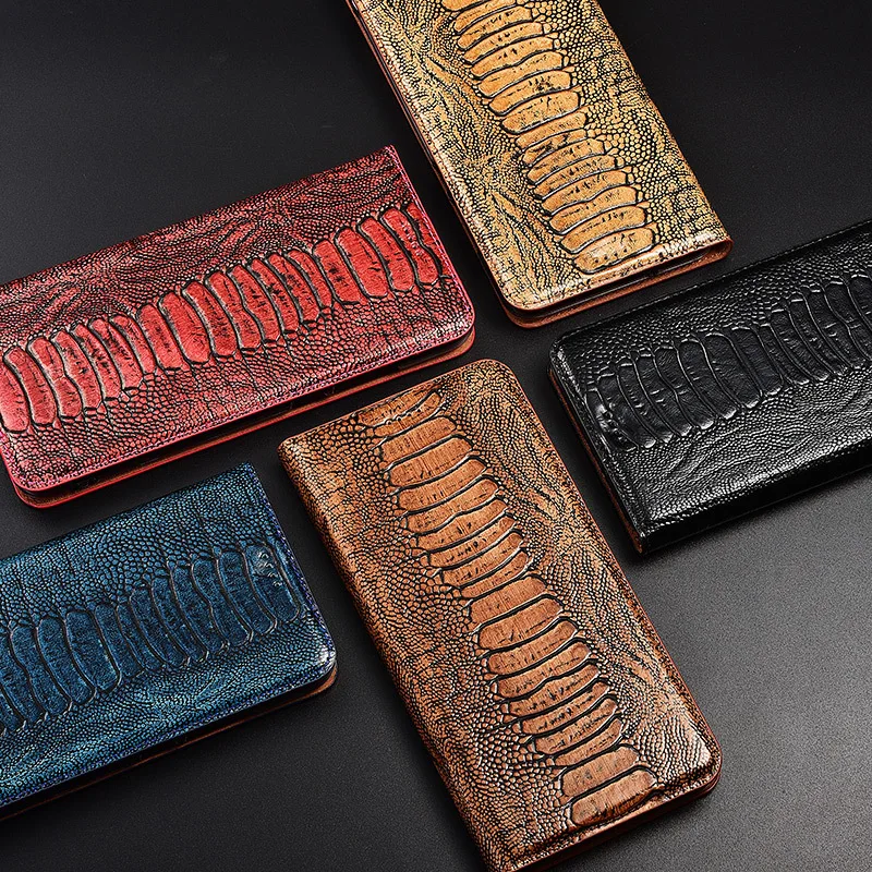 

Luxury Genuine Leather Phone Case For iPhone 16 Pro Max 13 12 11 14 15 Pro Max 16 Plus Ostrich Foot Retro Wallet Flip Cover