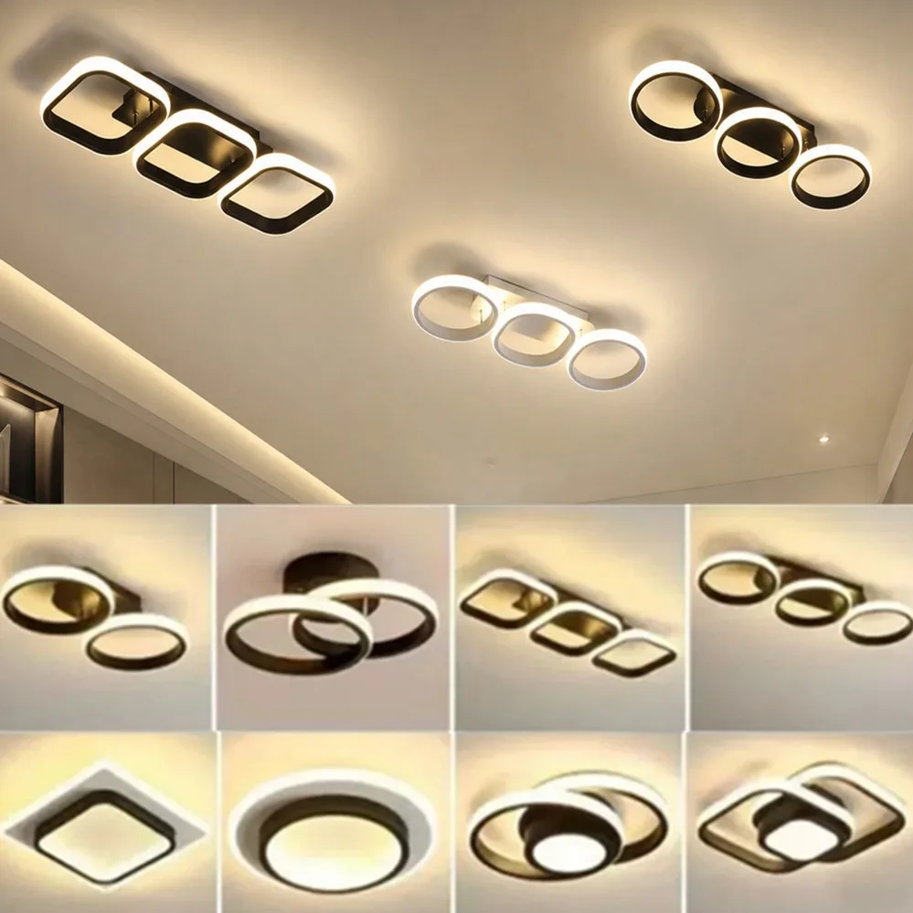 LED Ceiling Light 3Color Change Round/Square Ring Lamp AC90-260V Minimalist Lighting for Hallway Bedroom Living Room Black White