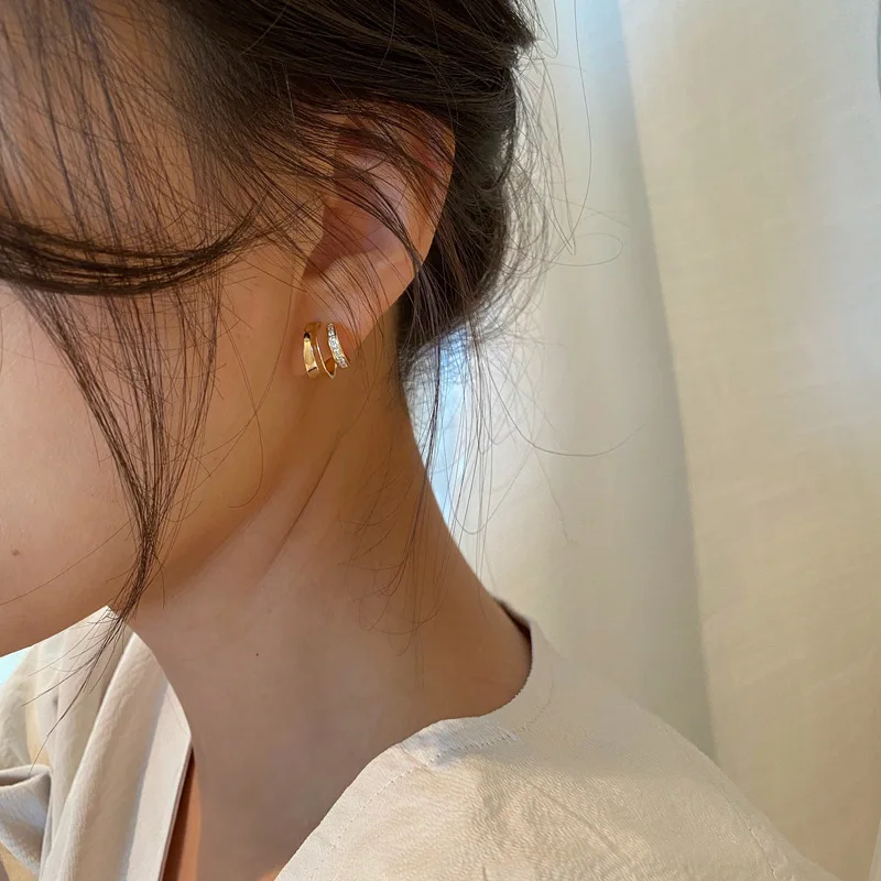 ANENJERY الذهب اللون طبقة مزدوجة C-شكل الزركون وأقراط للنساء الفرنسية مزاجه بسيط سيدة مجوهرات هدايا بالجملة #2