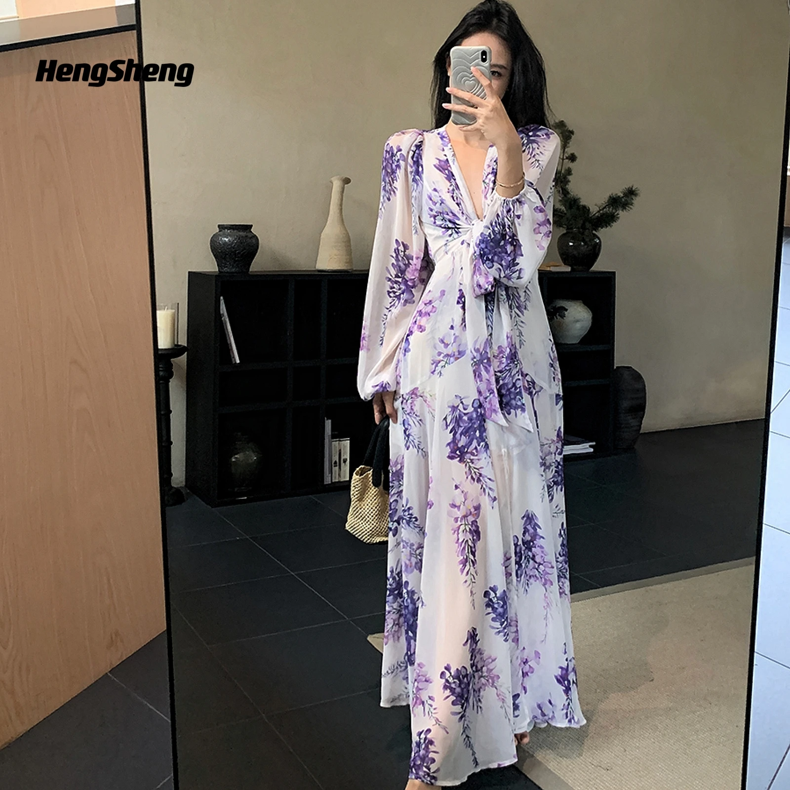 Abito da donna Vintage estate e autunno Wrap Maxi Dress Casual Boho floreale scollo a V manica lunga Ruffle Hem Split Beach abiti lunghi