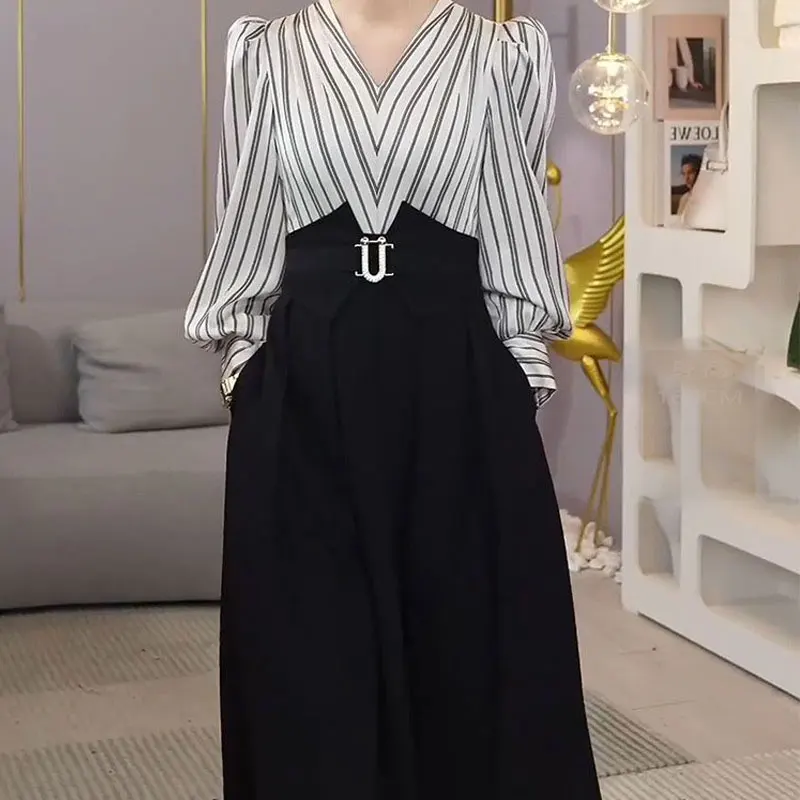 Office Lady Striped Spliced A-Line Waist Dresses Spring Autumn Elegant V-Neck Fake Two Pieces Female Stylish Pleated Midi Dress