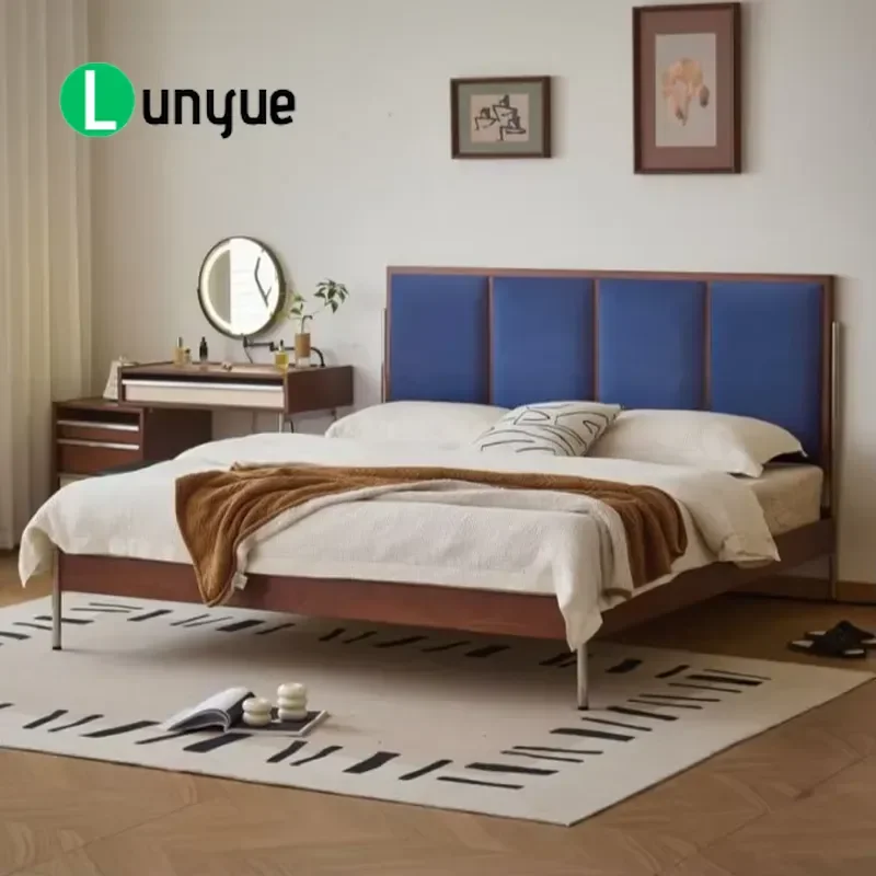 Vintage Solid Oak Double Bed Bauhaus Inspired Ultra Thin Upholstered Headboard French Medieval Style Bedroom Furniture