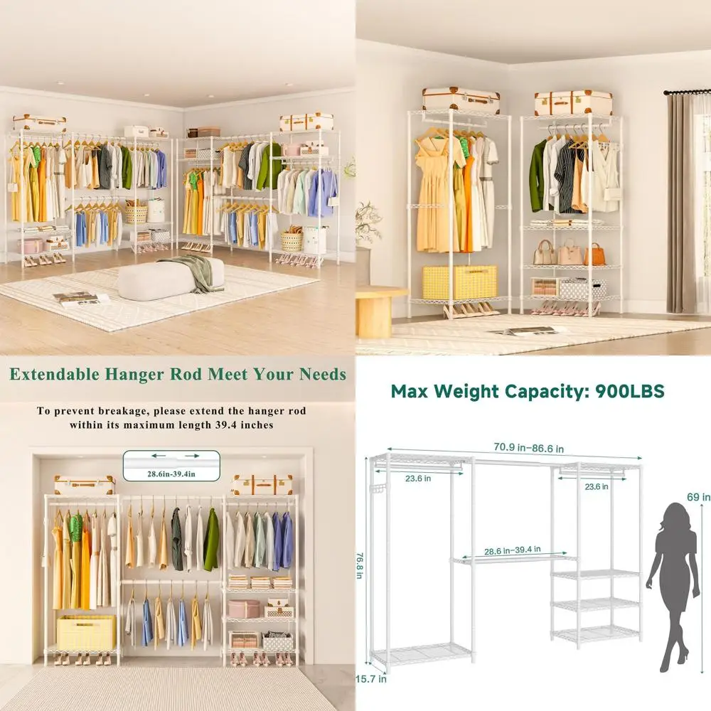

Portable 4-Tier Adjustable Heavy-Duty Clothes Rack with Retractable Poles, 70.9-86.6 L x 15.7 W x 76.8 H, Holds Up to 900lbs, Wh