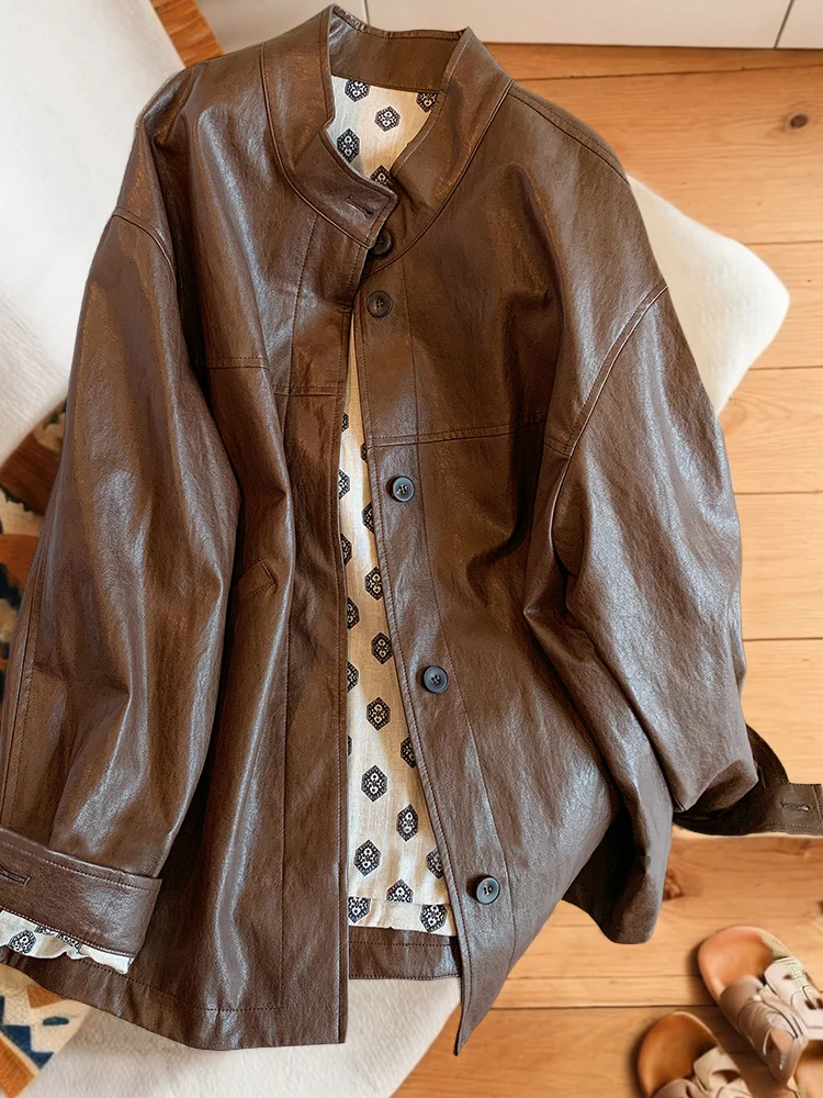 Retro Ce Brown Leather Jaet Casual ex Spring Autumn High Faion Versatile Open Cardigan Sle Women's ort Coat