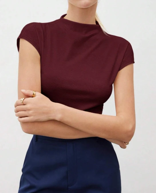 Tanktop für Damen, Stehkragen, kurze Ärmel, einfarbig, gerippter Strick, schmale Passform, Basic-Shirt für Büro und Alltag – Detail 6