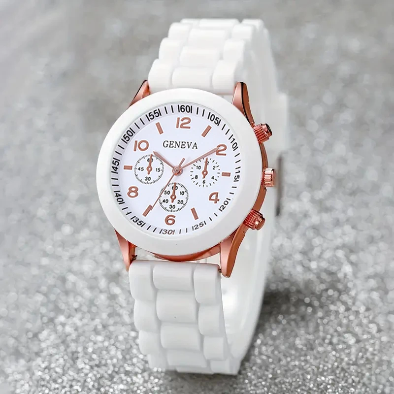 5PCS white comfort silicone strap women\'s quartz watch with marble fringe beaded bracelet set Casual classic wear gift