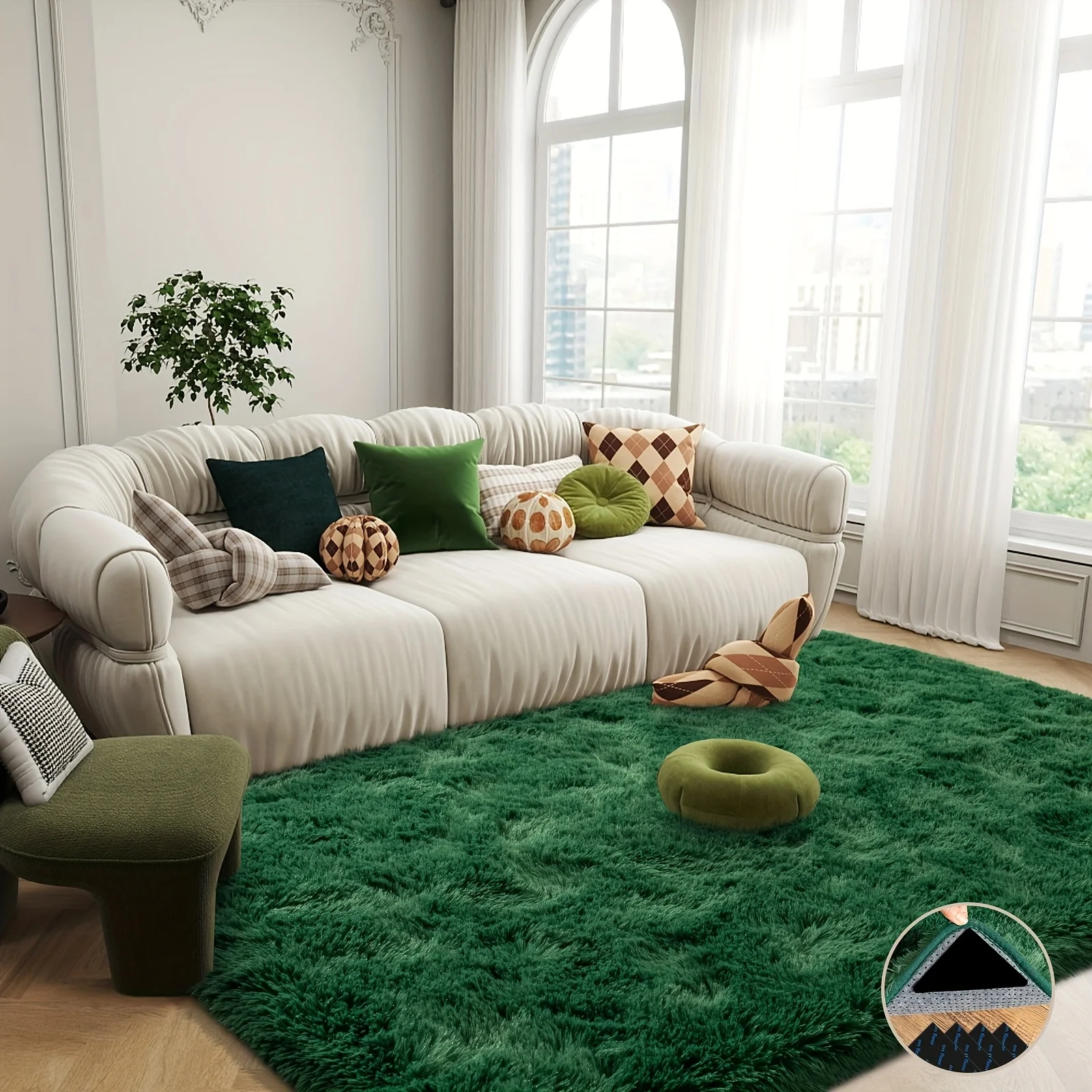 Tapis moelleux doux vert foncé, adapté au tapis de décoration de salon, chambre à coucher, tapis en peluche carré antidérapant amélioré