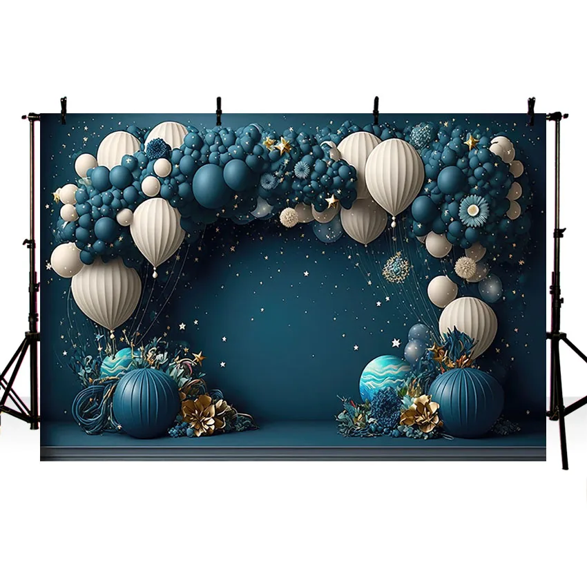 Mehofond 사진 배경 블루 풍선 꽃 스타, 아이 생일 파티 케이크 스매쉬 초상화 장식 배경, 사진 스튜디오