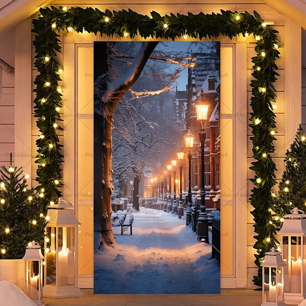 Winter Street Theme Photography Background Snowflake Blue Sky Night Streetlight Door Cover Party Decoration Banner Prop Gift