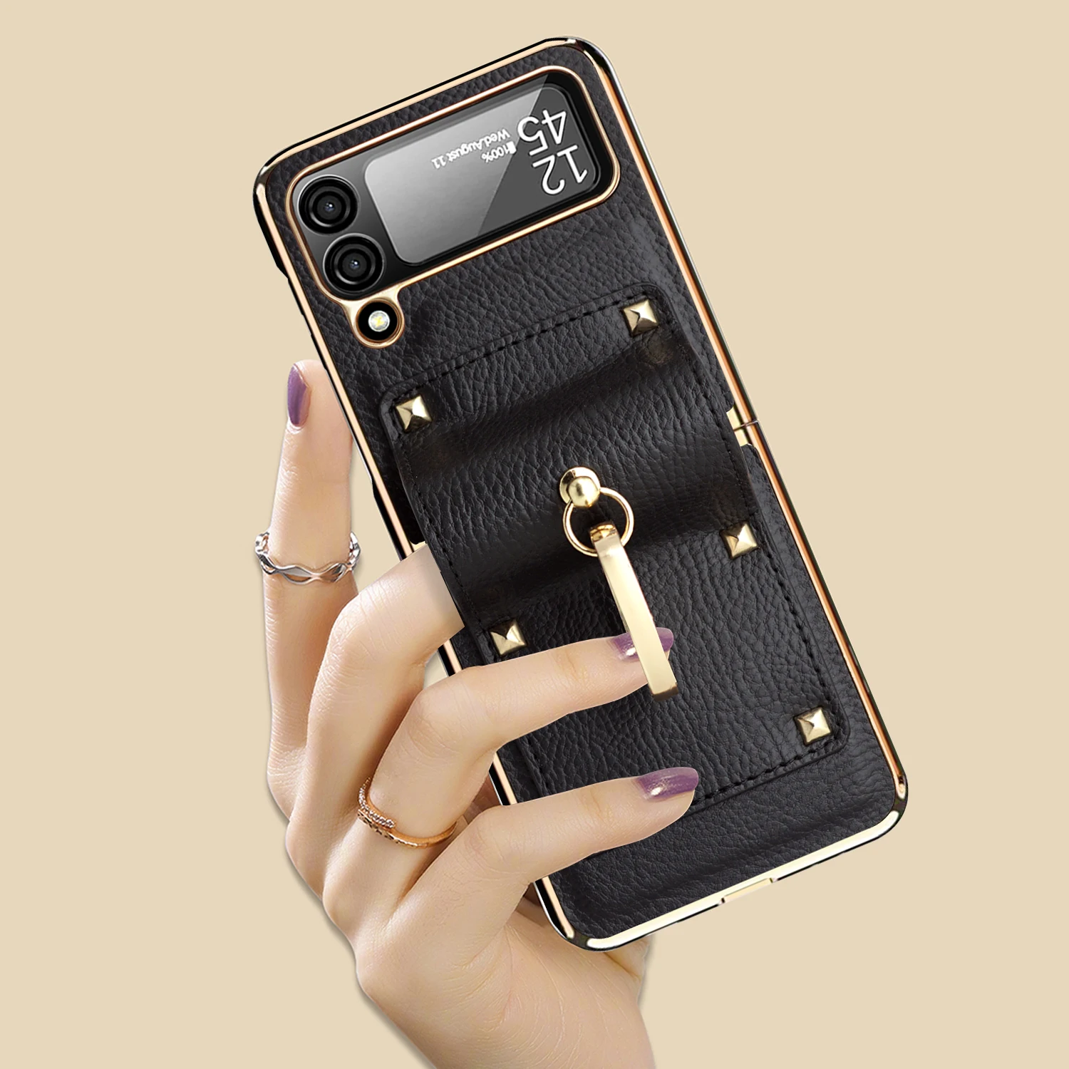 For Samsung Galaxy Z Flip 6 5 4 Case Luxury Punk Rivet PU Leather Rhinestone Ring Holder Electroplate Cover for Galaxy Z Flip 3