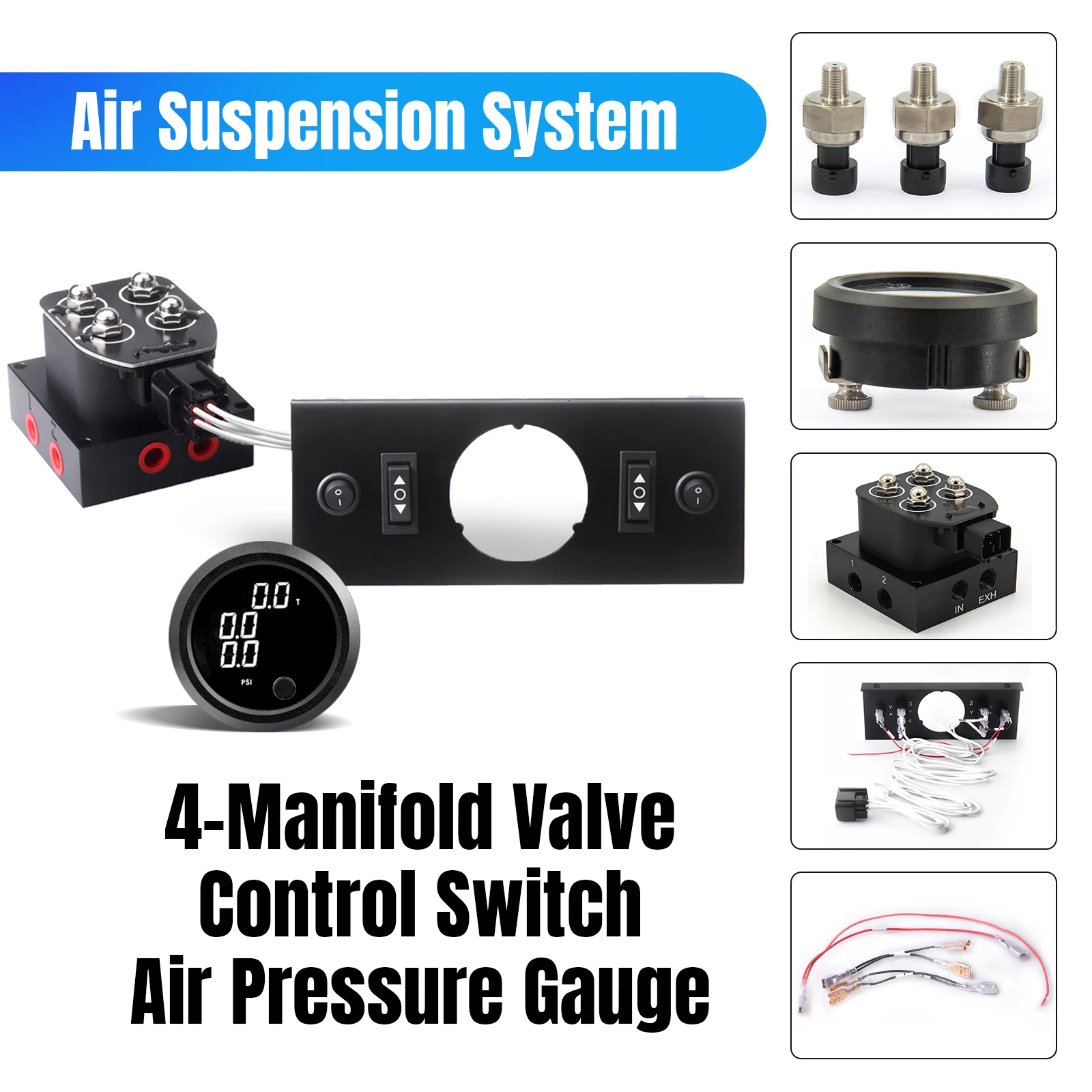 2-Way Air Ride Suspension Controller With 4-Manifold valve ,Switch control gasket and 3 in 1 BAR/PSI Air Pressure Gauge