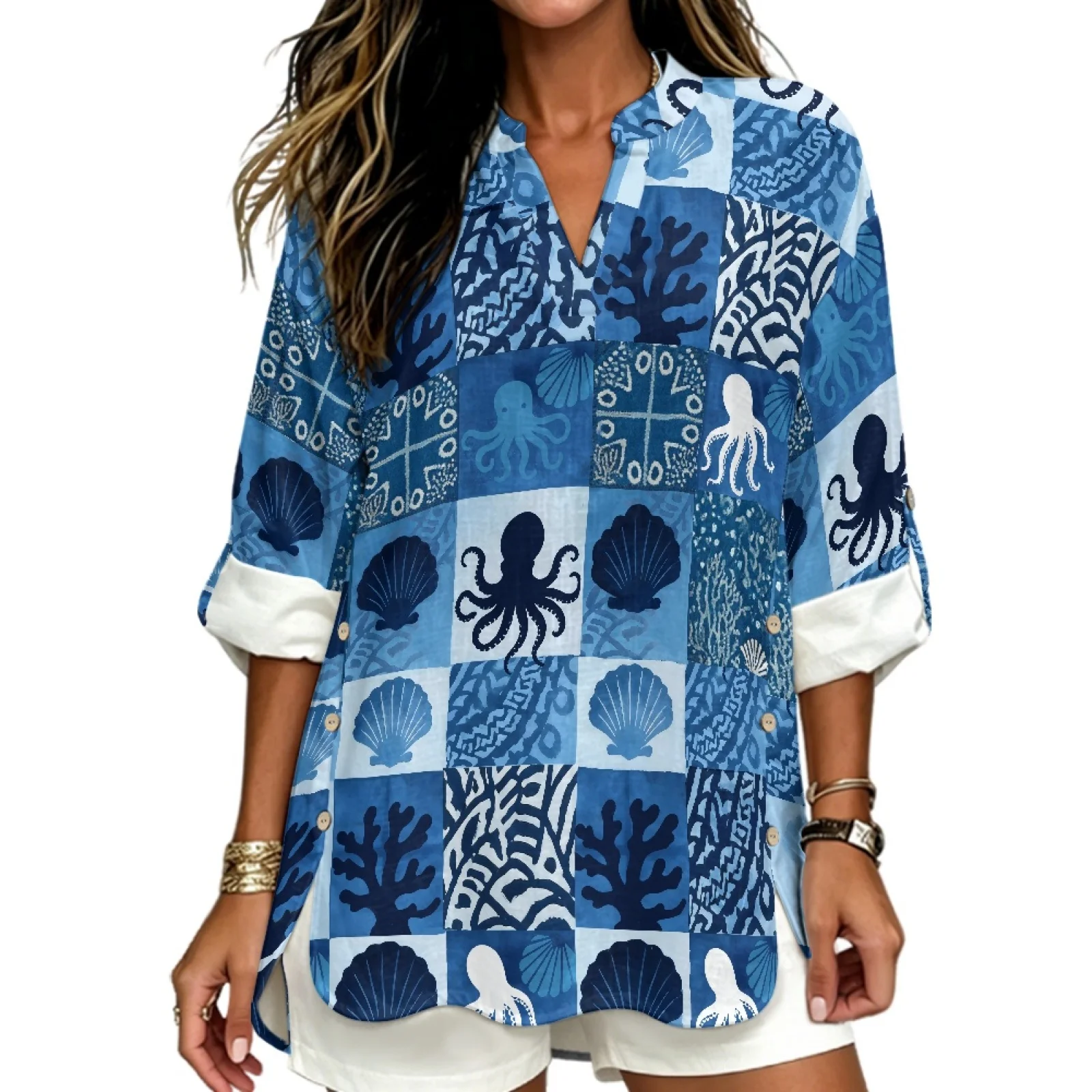 PENSTROLL Patchwork Linen Like V Neck Long Sleeve Blouses Trendy Women's Tops for Womens Sizes S-5XL