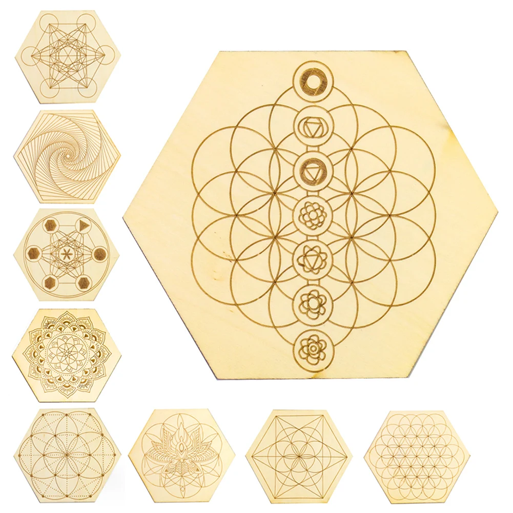 Natural Wood Plank Hexagon Meditation Board Metatron Cube Flower of Universe Healing Chakra Yoga Energy Stone Support Home Decor