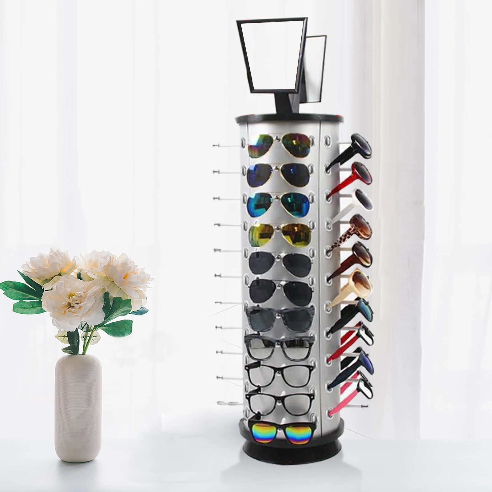 360 Rotating Sunglass Display Rack 44 Pairs Glass Holder Freestanding W/ Mirror