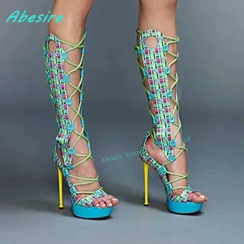 Mixed-Color Cross-Tied Open Toe Stiletto Heels Women's Gladiator Sandals Platform Lace-Up Sandals Patchwork Runway Shoes Sexy