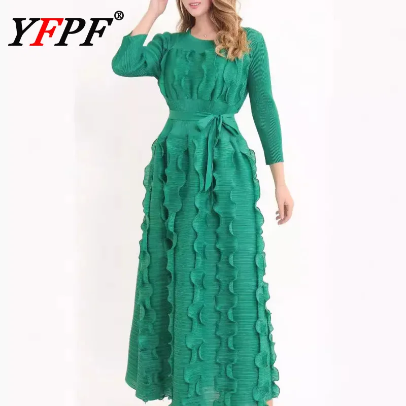 

YFPF Ruffles Spliced Design Pleated Long Dress For Women Elegant Belt Gathered Waist Evening Party Dresses 2025 New 3A296