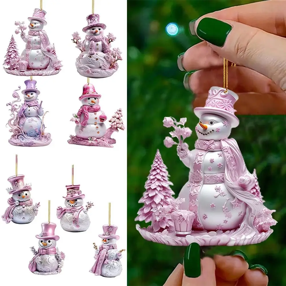 Pink Snowman Christmas Decorations Flat Printing Cartoon Hanging Pendants 2D Acrylic Car Hangable Embellishment