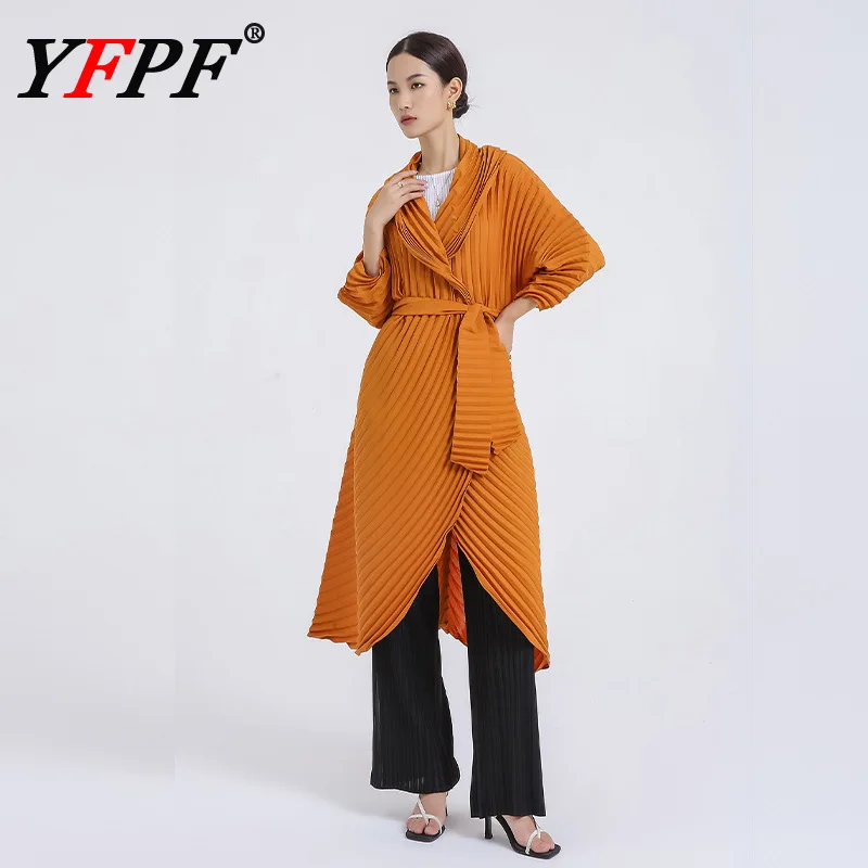 

YFPF Temperament Miyake Pleated Long Coat Women Solid Color Fashion Belt Gathered Waist Loose Windbreaker 2026 New Clothing