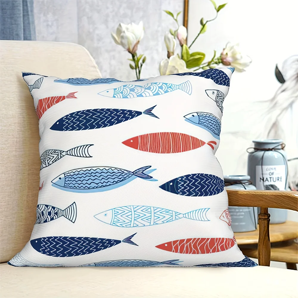 2pcs Coastal Fish Print Throw Pillow Covers Nautical Square Cushion Cases for Home Decor